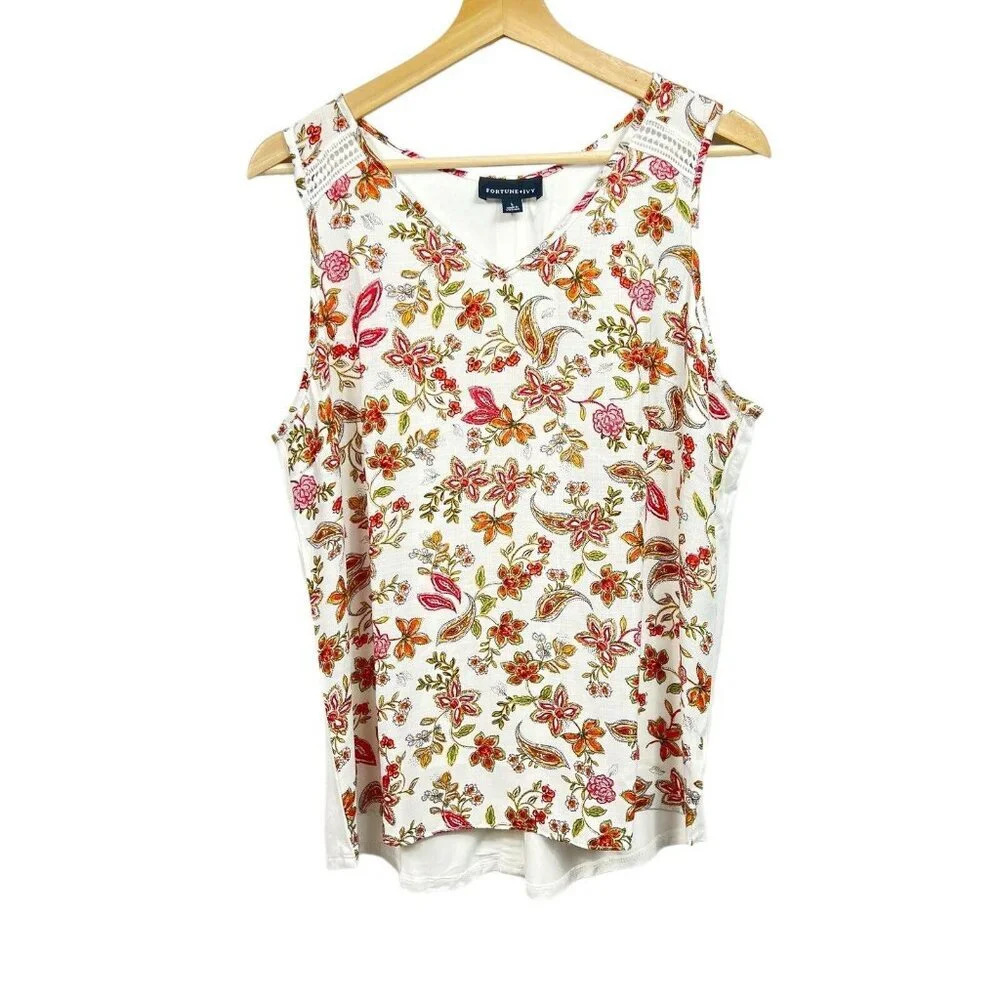 Fortune Ivy Multicolor Floral Sleeveless Tank Top Size L Button Accents